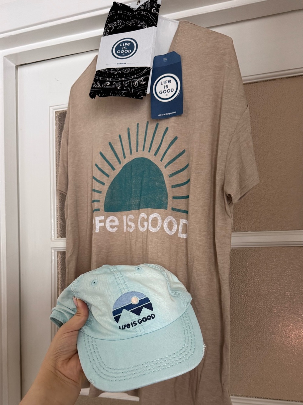 Life Is Good Short-Sleeve Tee with Teal Sun Graphic, Light Teal Hat, and Bandana